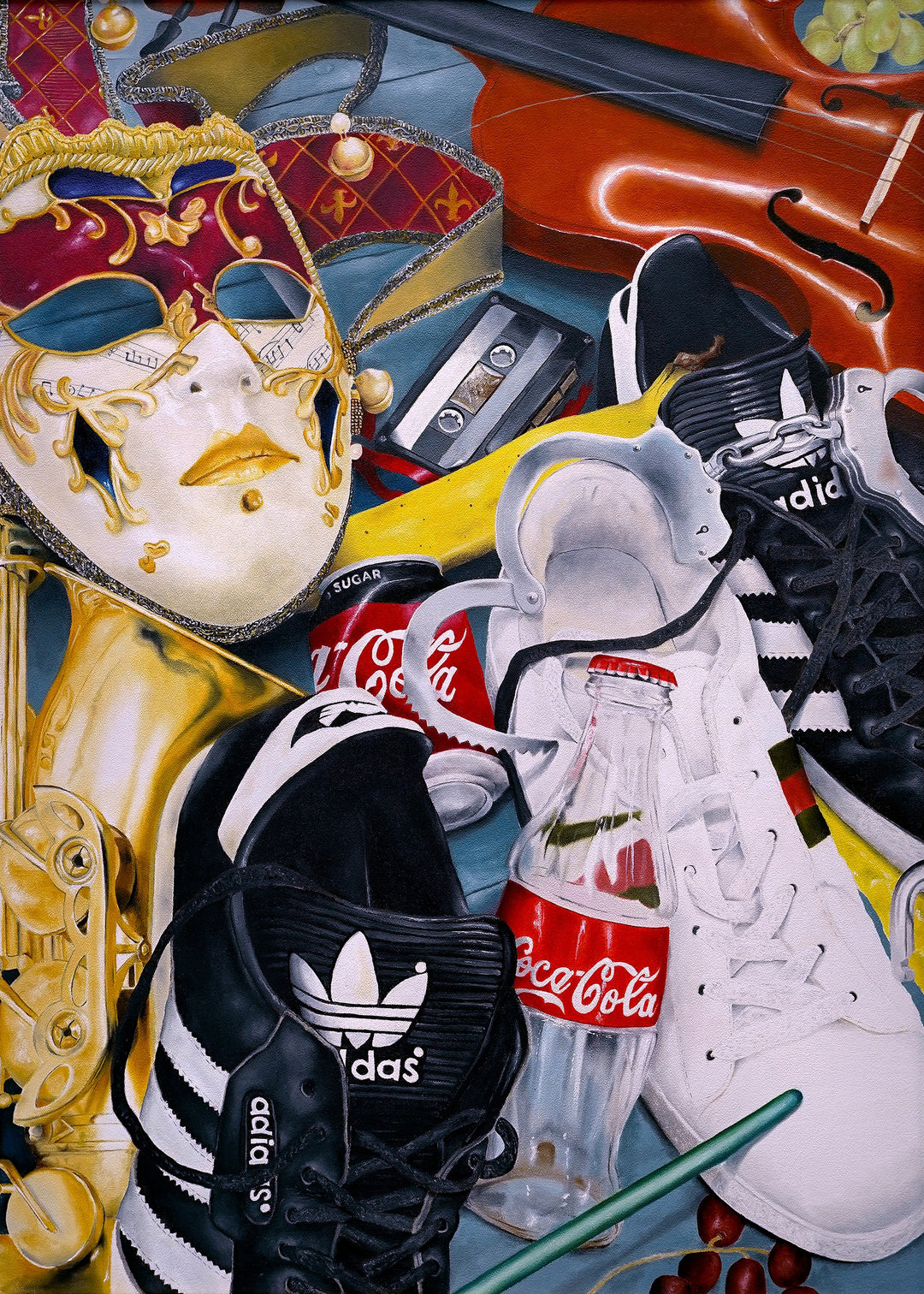 A highly detailed still-life painting combining a Venetian carnival mask, black and white Adidas trainers, a saxophone, a violin, Coca-Cola bottles and cans, a cassette tape, a ceramic pitcher and scattered fruit, arranged in a dense, colourful composition painted in precise contemporary realism.