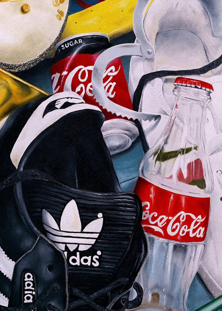 A highly detailed still-life painting combining a Venetian carnival mask, black and white Adidas trainers, a saxophone, a violin, Coca-Cola bottles and cans, a cassette tape, a ceramic pitcher and scattered fruit, arranged in a dense, colourful composition painted in precise contemporary realism.
