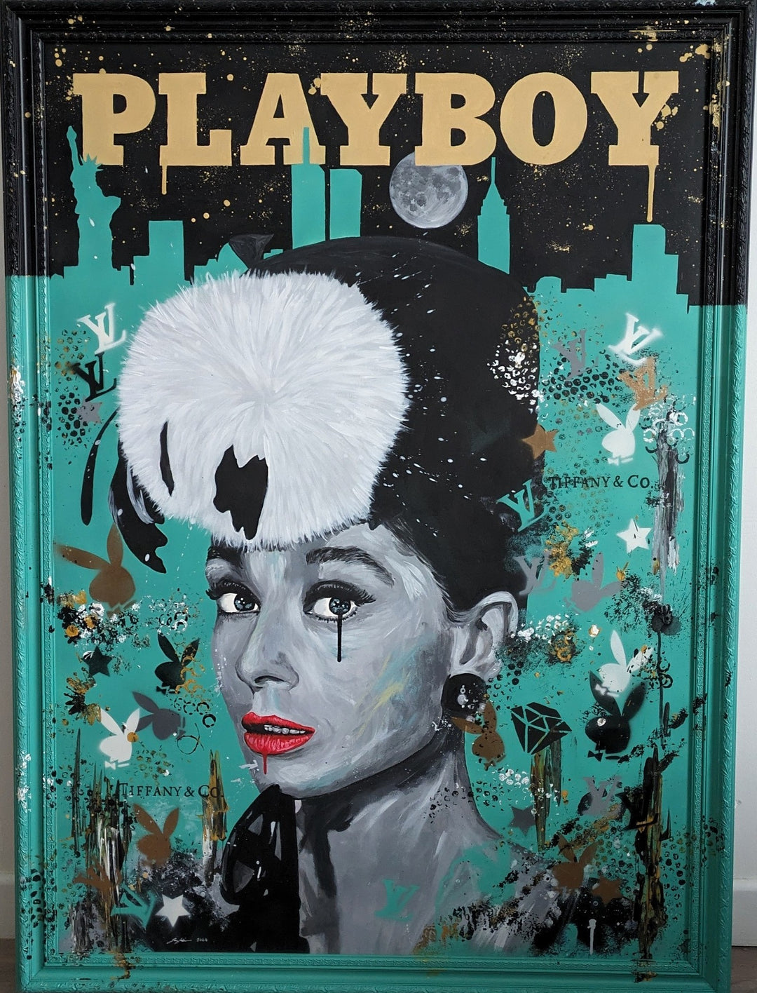 Original painting of Audrey Hepburn by Ian Salmon, featuring a monochrome portrait with vivid red lips and a bold white fur hat, set against a Tiffany blue background with the New York skyline, gold "Playboy" title, and luxury brand motifs.