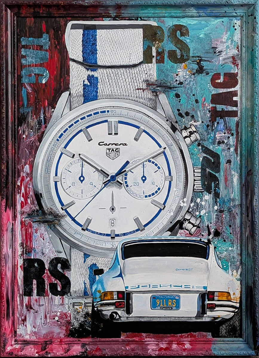 Embellished limited edition print featuring a TAG Heuer Carrera x Porsche 911 2.7 RS watch alongside a rear view of a classic white Porsche, set against a vivid abstract backdrop of teal, red, pink, and black, all encased in a custom livery-painted frame.