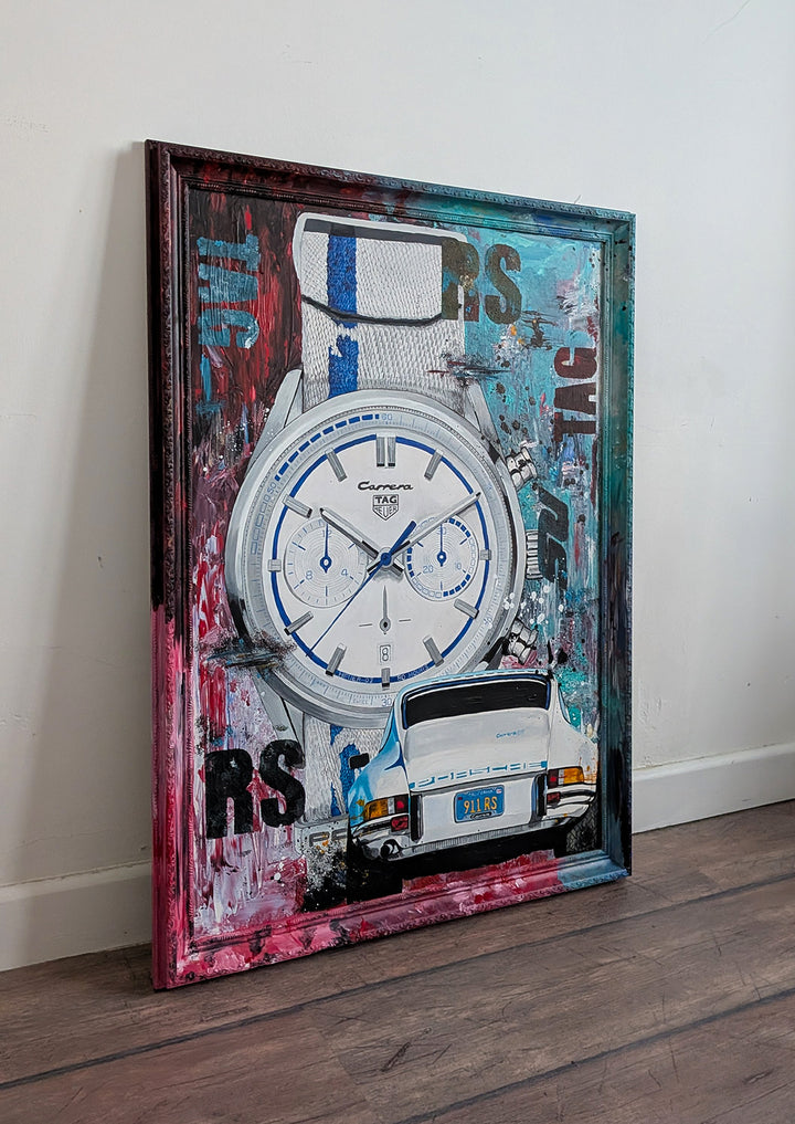 Embellished limited edition print featuring a TAG Heuer Carrera x Porsche 911 2.7 RS watch alongside a rear view of a classic white Porsche, set against a vivid abstract backdrop of teal, red, pink, and black, all encased in a custom livery-painted frame.