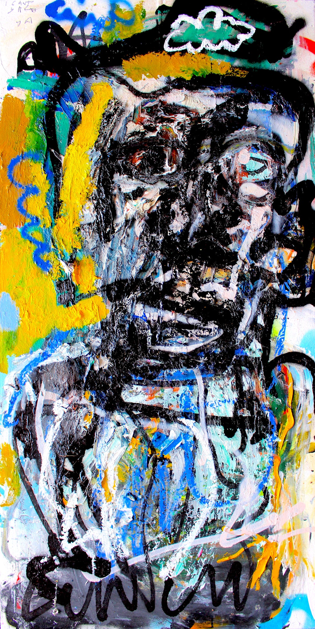 Expressive abstract portrait by James Green of a man smoking a pipe, built with thick textured black and white paint, vibrant strokes of turquoise, teal, sky blue, mustard yellow and orange on raw canvas, evoking raw emotion and rebellion.