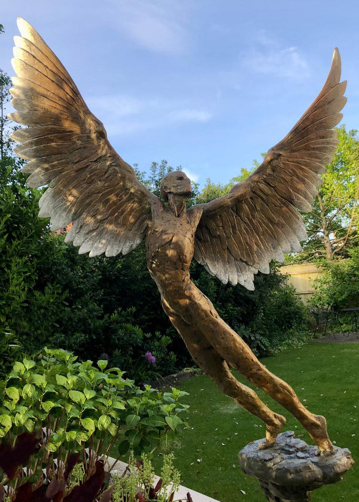 “Icarus IX” by Nicola Godden – a limited edition bronze sculpture depicting Icarus rising skyward, wings outstretched in a gesture of freedom and ascent. Cast in warm bronze tones with sunlit patina, handmade in England, edition of nine.