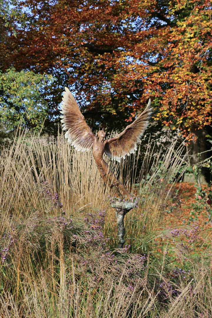 “Icarus IX” by Nicola Godden – a limited edition bronze sculpture depicting Icarus rising skyward, wings outstretched in a gesture of freedom and ascent. Cast in warm bronze tones with sunlit patina, handmade in England, edition of nine.