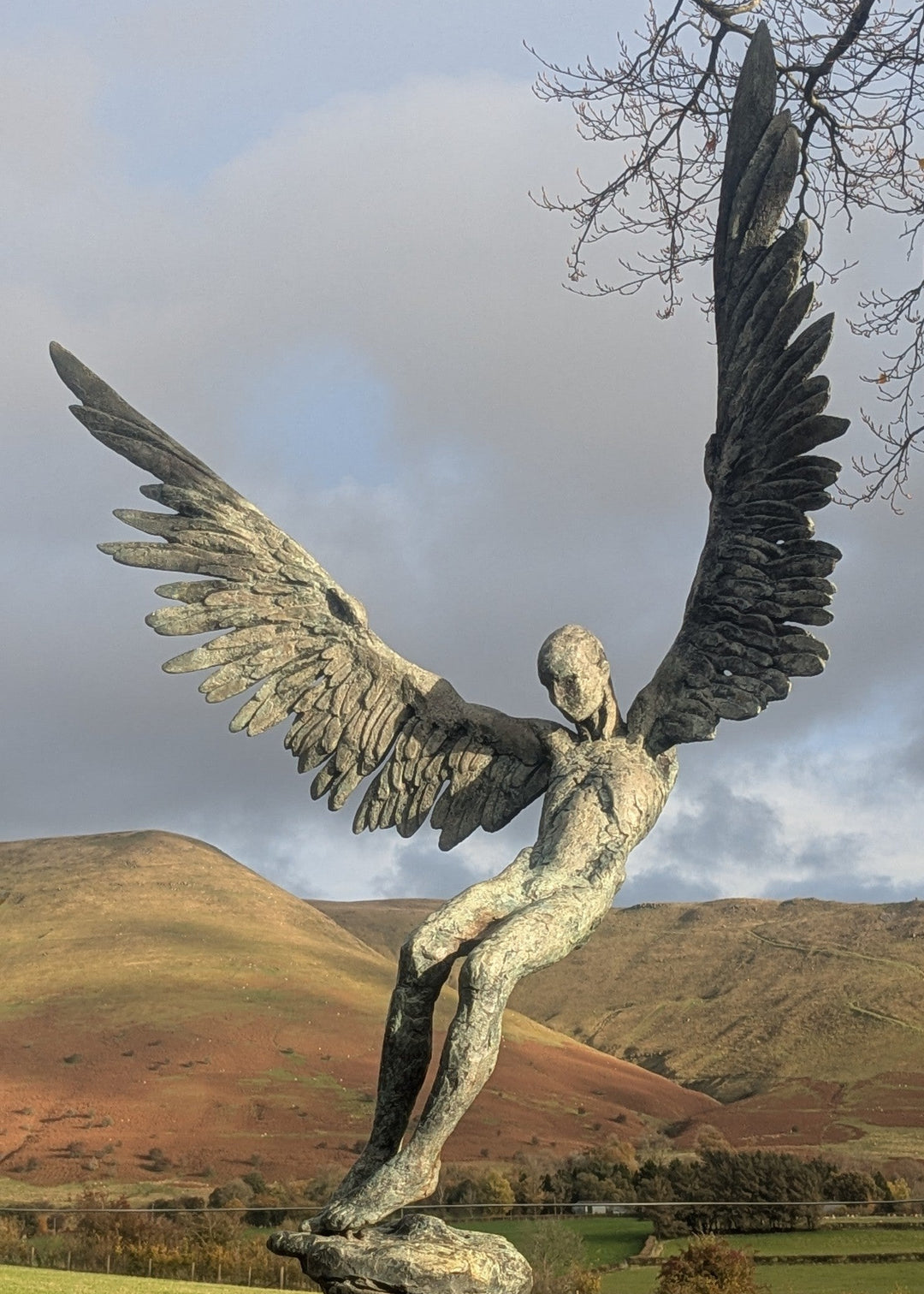 “Icarus X” by Nicola Godden – a limited edition bronze sculpture depicting Icarus falling from the sky, his wings extended in descent. Cast with a blue ocean-inspired patina, this handmade British bronze captures both tragedy and grace.