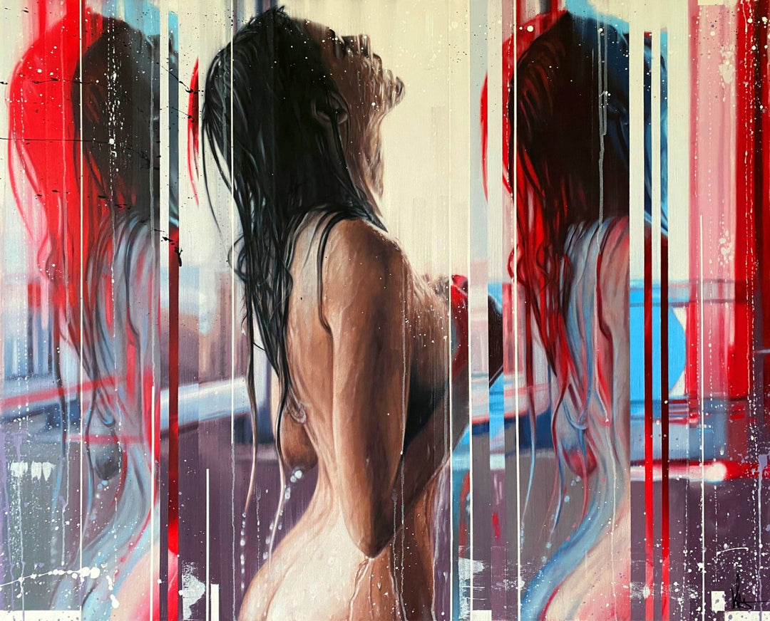 ‘If I Held You Back, At Least I Held You Close’ by Kris Hardy, an original contemporary figurative painting in oil and acrylic on aluminium, featuring a dark-haired woman with her head tilted backwards and eyes closed. The central portrait is flanked by partially obscured, repeated female figures, with realistic skin tones contrasting against bold red, blue, white, grey and black vertical bands. Expressive paint drips, splashes and layered geometric elements create a colourful contemporary composition.