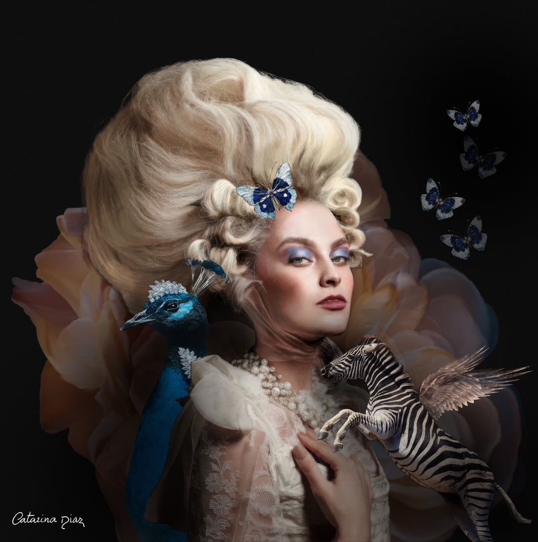Catarina Diaz’s If We Ever, analogue collage on Somerset Enhanced Velvet with oil on gesso-primed canvas. Blonde woman in elaborate ivory gown and pearls, towering coiffure adorned with blue butterflies, flanked by blue peacock and winged zebra, floral backdrop.