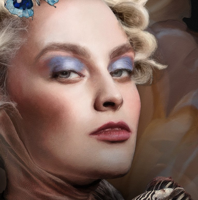 Catarina Diaz’s If We Ever, analogue collage on Somerset Enhanced Velvet with oil on gesso-primed canvas. Blonde woman in elaborate ivory gown and pearls, towering coiffure adorned with blue butterflies, flanked by blue peacock and winged zebra, floral backdrop.