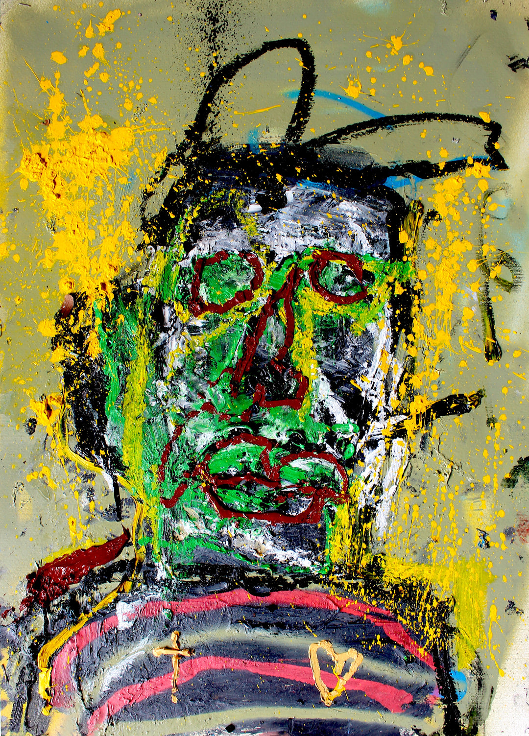Bold abstract portrait of a figure outlined in deep crimson red and vivid green, set against a muted olive-green background with energetic splashes of canary yellow paint, black brushwork, and thick impasto textures. The expressive face is roughly rendered with heavy strokes and layered pigment, evoking raw emotional energy and street-art influence.
