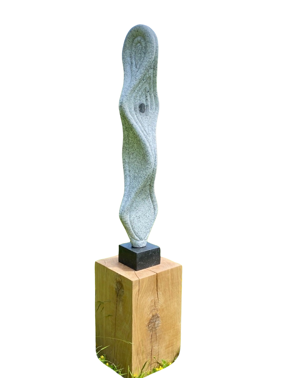 Abstract sculpture In the Mind’s Eye – 2024 by Hamish Holman, carved from Cornish granite into a tall, twisting vertical form with flowing contours and textured surface, mounted on a black stone base and oak plinth, displayed outdoors in a meadow setting.