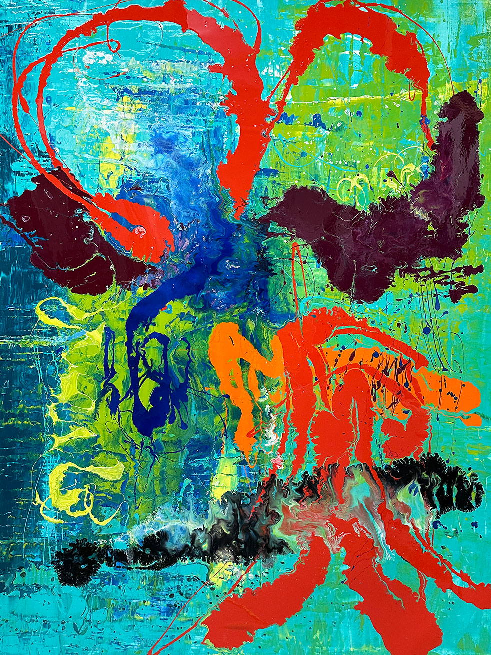 Large abstract painting “Infinite Light” by Swarez — vibrant sweeping strokes of scarlet red, fiery orange and deep burgundy layered over a luminous turquoise and lime green base, with accents of cobalt blue and black. Highly textured enamel surface with bold movement and glossy, light-catching details.