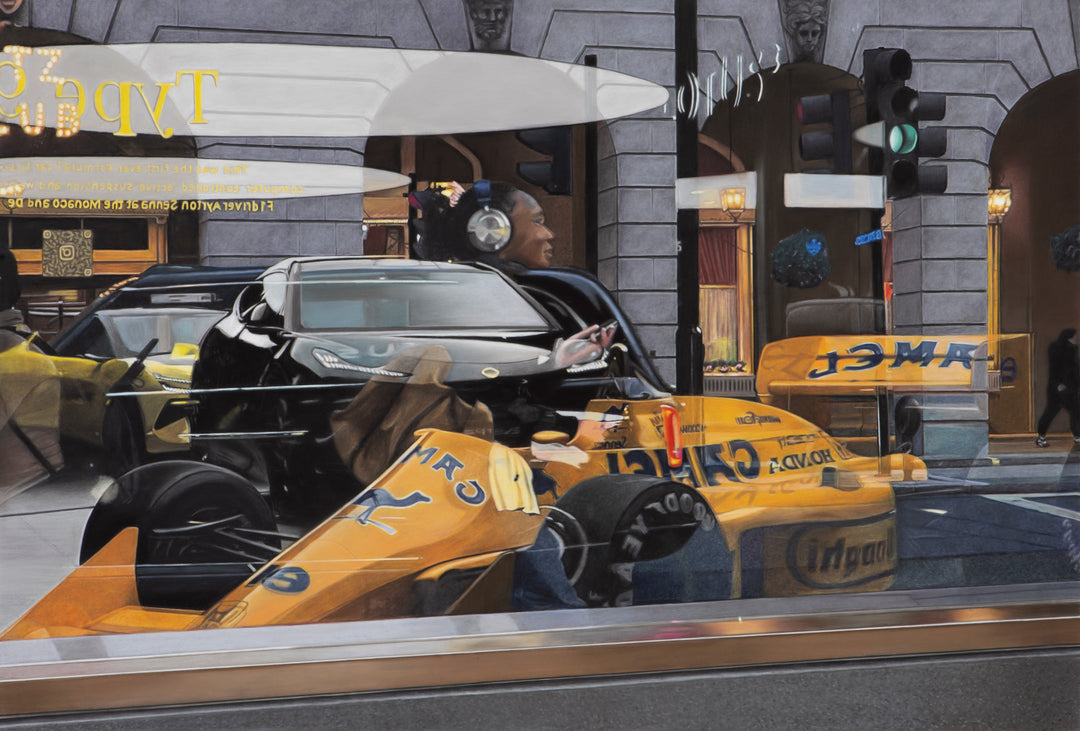 Pastel artwork depicting a Lotus Type 99T Formula One car seen through a showroom window in Piccadilly, layered with reflections of passing pedestrians, traffic lights and surrounding architecture, combining sharp automotive detail with softened reflections and motion to create a complex urban scene of interior and exterior overlap.