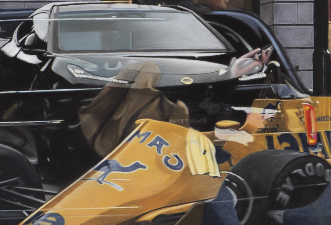 Pastel artwork depicting a Lotus Type 99T Formula One car seen through a showroom window in Piccadilly, layered with reflections of passing pedestrians, traffic lights and surrounding architecture, combining sharp automotive detail with softened reflections and motion to create a complex urban scene of interior and exterior overlap.