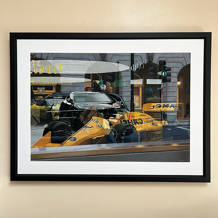 Pastel artwork depicting a Lotus Type 99T Formula One car seen through a showroom window in Piccadilly, layered with reflections of passing pedestrians, traffic lights and surrounding architecture, combining sharp automotive detail with softened reflections and motion to create a complex urban scene of interior and exterior overlap.
