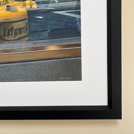 Pastel artwork depicting a Lotus Type 99T Formula One car seen through a showroom window in Piccadilly, layered with reflections of passing pedestrians, traffic lights and surrounding architecture, combining sharp automotive detail with softened reflections and motion to create a complex urban scene of interior and exterior overlap.