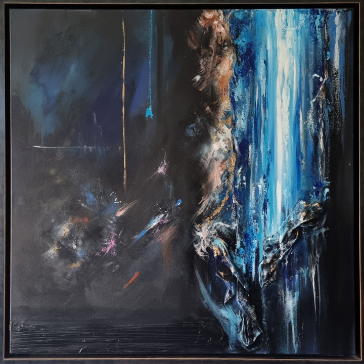 Abstract mixed-media painting in deep blues and blacks with cascading vertical textures, bright aqua highlights and metallic gold accents, featuring layered fabric elements that create a sense of movement and depth against a dark atmospheric background.