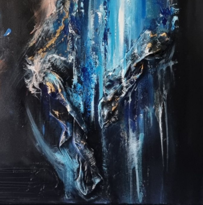 Abstract mixed-media painting in deep blues and blacks with cascading vertical textures, bright aqua highlights and metallic gold accents, featuring layered fabric elements that create a sense of movement and depth against a dark atmospheric background.
