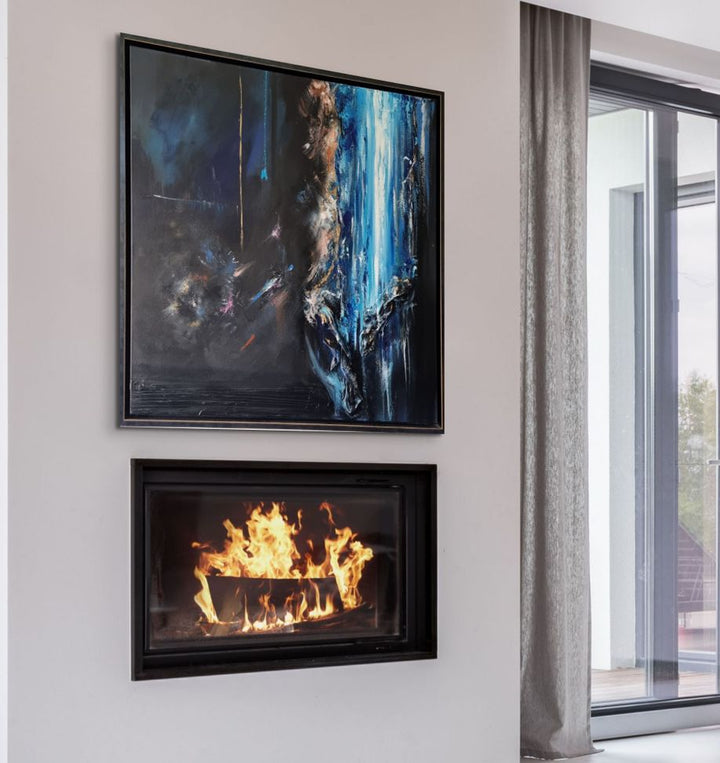 Abstract mixed-media painting in deep blues and blacks with cascading vertical textures, bright aqua highlights and metallic gold accents, featuring layered fabric elements that create a sense of movement and depth against a dark atmospheric background.