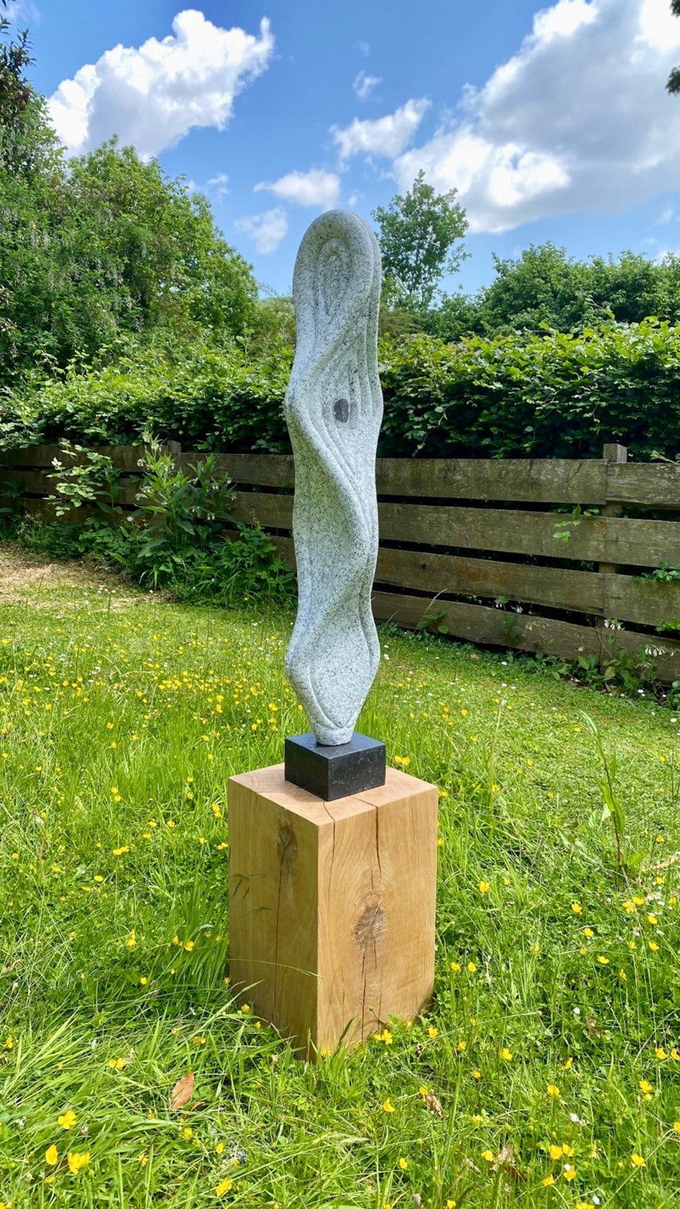 Abstract sculpture In the Mind’s Eye – 2024 by Hamish Holman, carved from Cornish granite into a tall, twisting vertical form with flowing contours and textured surface, mounted on a black stone base and oak plinth, displayed outdoors in a meadow setting.