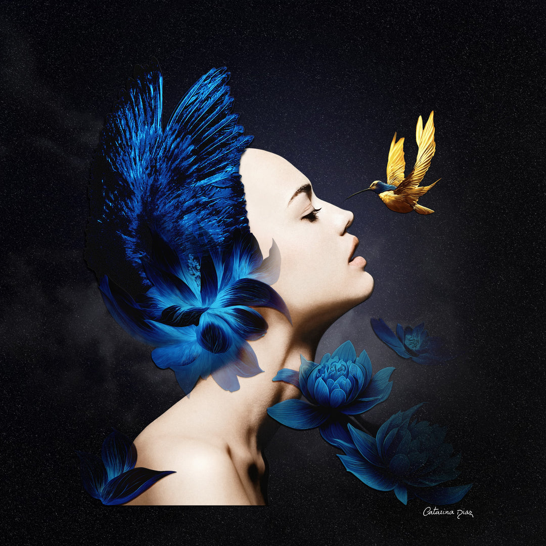 Catarina Diaz’s I See, an analogue collage on Somerset Enhanced Velvet with oil on canvas board. A serene female profile adorned with vivid blue feathers and lotus blooms faces a golden-yellow hummingbird, all set against a starry black backdrop in an antique gallery frame.