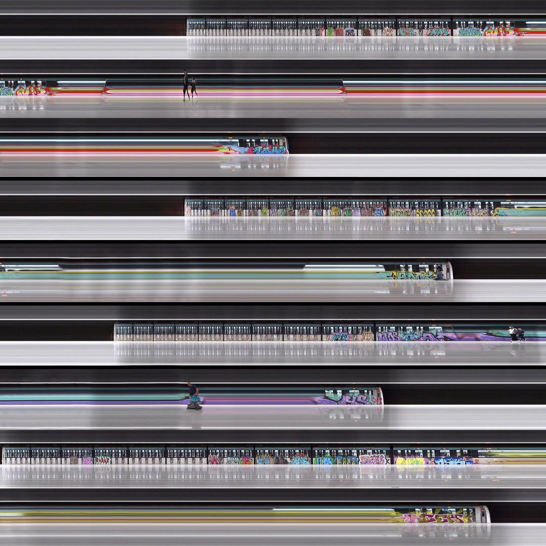 A sequence of digitally reconstructed images capturing Istanbul’s metro commuters in motion against vividly striped and graffiti-covered train carriages—where bodies blur into streaks of colour, revealing the rhythm of a city suspended between tradition and hyper-modernity.