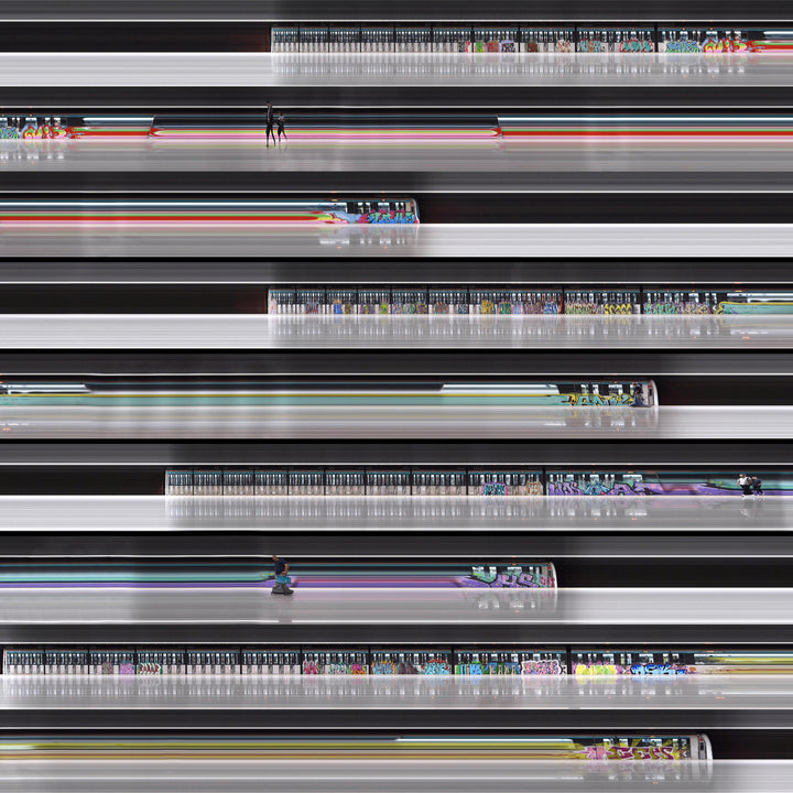 A sequence of digitally reconstructed images capturing Istanbul’s metro commuters in motion against vividly striped and graffiti-covered train carriages—where bodies blur into streaks of colour, revealing the rhythm of a city suspended between tradition and hyper-modernity.