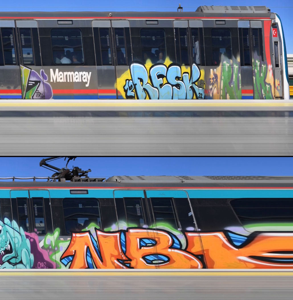 Richard P Jones Istanbul Metro #2 fine art photographic print showing layered metro trains passing along an elevated track with graffiti-covered platforms, created from reconstructed high-speed video imagery and printed as a giclée on brushed aluminium.