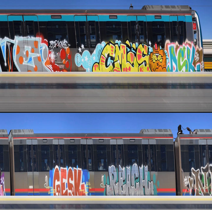 Richard P Jones Istanbul Metro #2 fine art photographic print showing layered metro trains passing along an elevated track with graffiti-covered platforms, created from reconstructed high-speed video imagery and printed as a giclée on brushed aluminium.