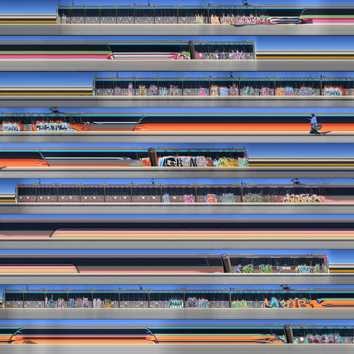 Richard P Jones Istanbul Metro #2 fine art photographic print showing layered metro trains passing along an elevated track with graffiti-covered platforms, created from reconstructed high-speed video imagery and printed as a giclée on brushed aluminium.