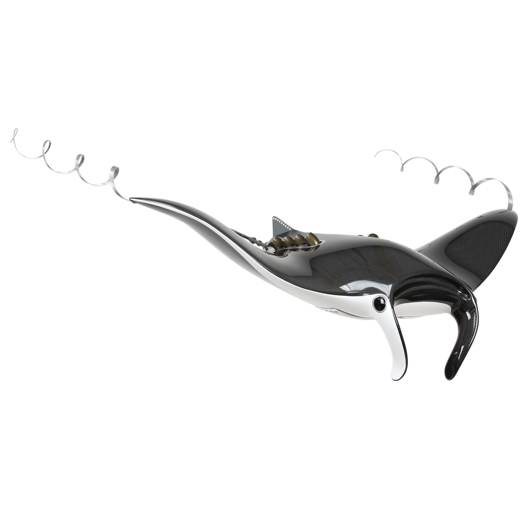 Alastair Gibson CarbonArt45 carbon fibre manta ray sculpture with aluminium fins and Formula One components, suspended contemporary design