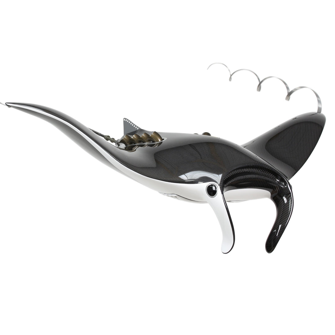 Alastair Gibson CarbonArt45 carbon fibre bespoke racing J manta ray sculpture with aluminium fins and Formula One components, suspended contemporary design