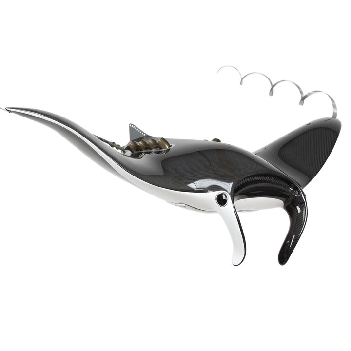 Alastair Gibson CarbonArt45 carbon fibre bespoke racing J manta ray sculpture with aluminium fins and Formula One components, suspended contemporary design