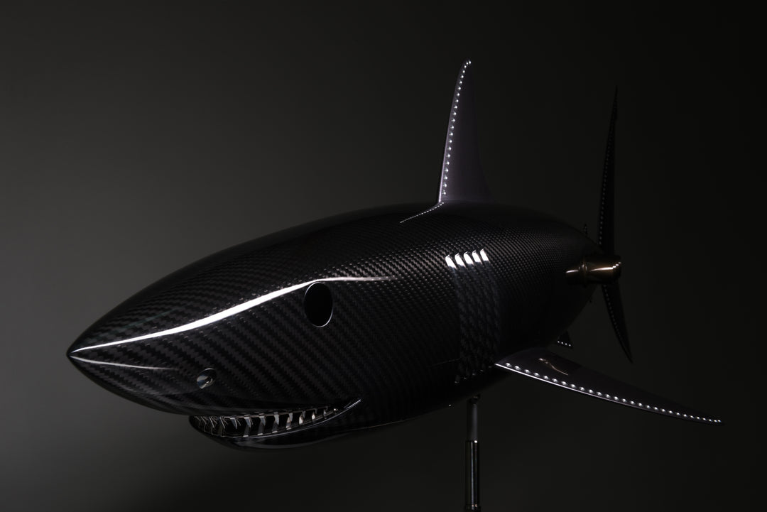 Alastair Gibson CarbonArt45 carbon fibre mako shark sculpture with aluminium fins and Formula One components, aerodynamic contemporary design