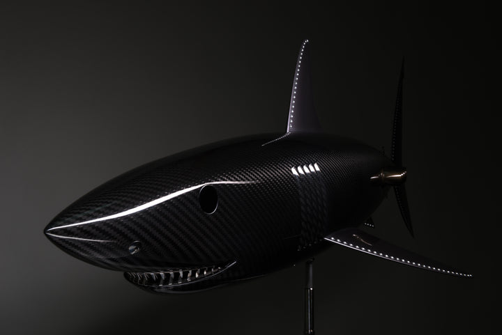 Alastair Gibson CarbonArt45 carbon fibre mako shark sculpture with aluminium fins and Formula One components, aerodynamic contemporary design