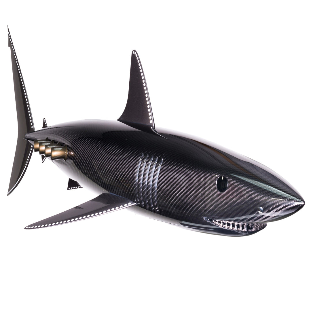 Alastair Gibson CarbonArt45 carbon fibre mako shark sculpture with aluminium fins and Formula One components, aerodynamic contemporary design