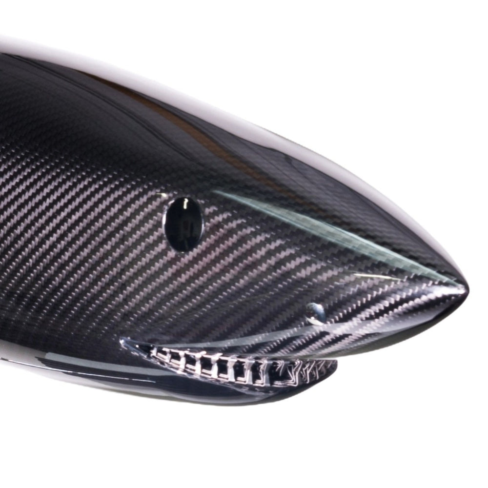 Alastair Gibson CarbonArt45 carbon fibre mako shark sculpture with aluminium fins and Formula One components, aerodynamic contemporary design