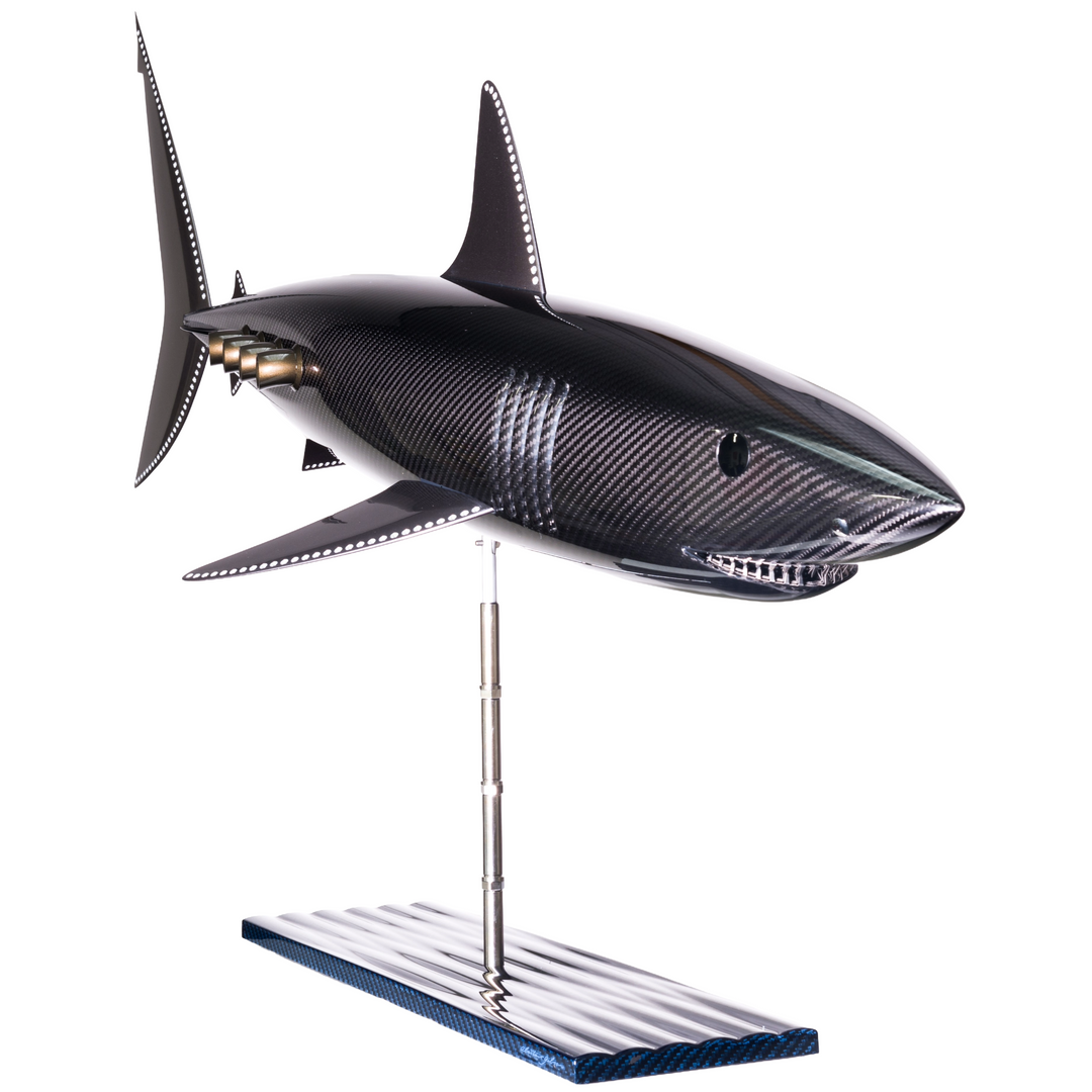 Alastair Gibson CarbonArt45 carbon fibre mako shark sculpture with aluminium fins and Formula One components, aerodynamic contemporary design