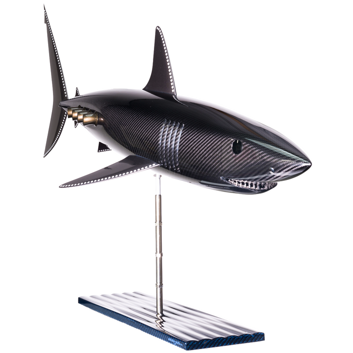 Alastair Gibson CarbonArt45 carbon fibre mako shark sculpture with aluminium fins and Formula One components, aerodynamic contemporary design
