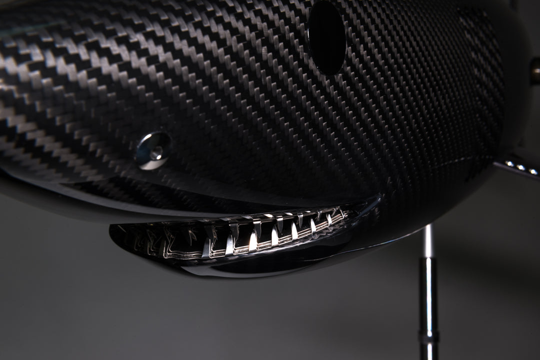 Alastair Gibson CarbonArt45 carbon fibre mako shark sculpture with aluminium fins and Formula One components, aerodynamic contemporary design