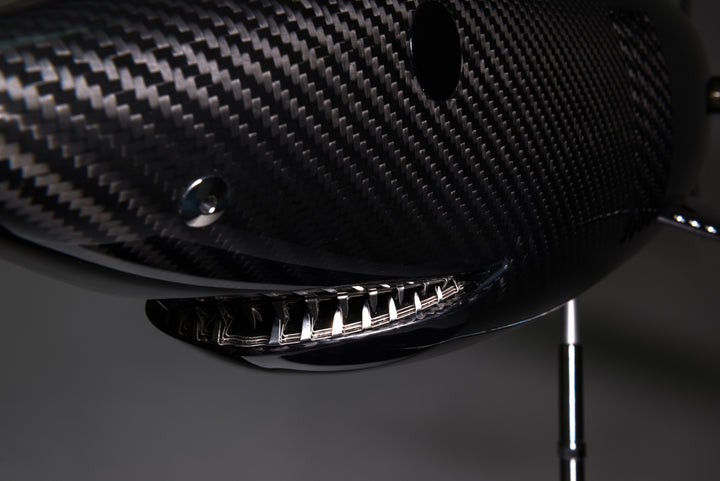 Alastair Gibson CarbonArt45 carbon fibre mako shark sculpture with aluminium fins and Formula One components, aerodynamic contemporary design