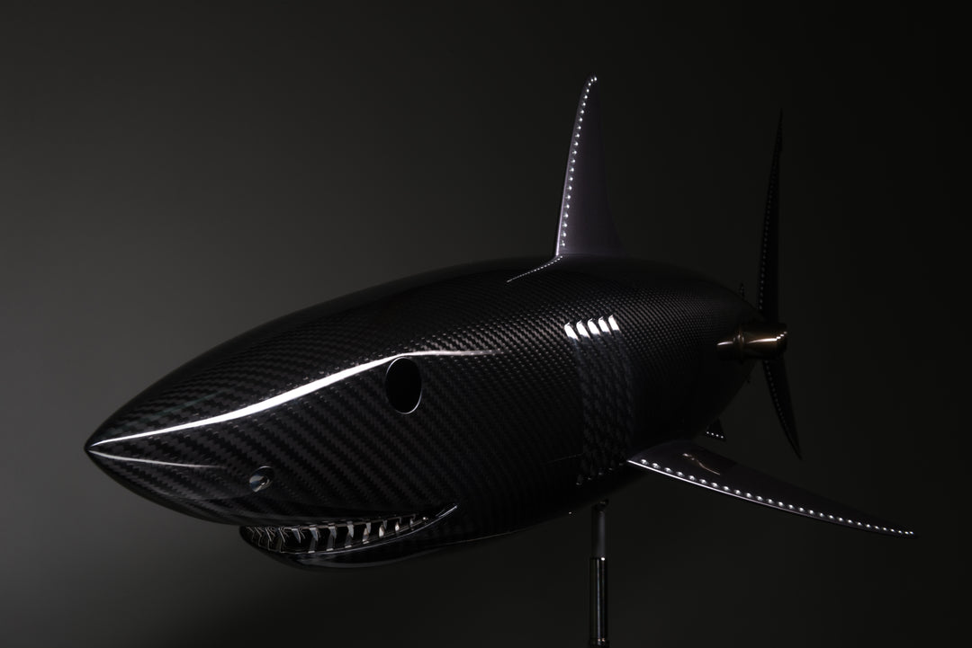 Alastair Gibson CarbonArt45 carbon fibre mako shark sculpture with aluminium fins and Formula One components, aerodynamic contemporary design