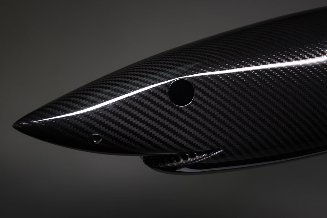 Alastair Gibson CarbonArt45 carbon fibre mako shark sculpture with aluminium fins and Formula One components, aerodynamic contemporary design