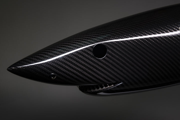 Alastair Gibson CarbonArt45 carbon fibre mako shark sculpture with aluminium fins and Formula One components, aerodynamic contemporary design