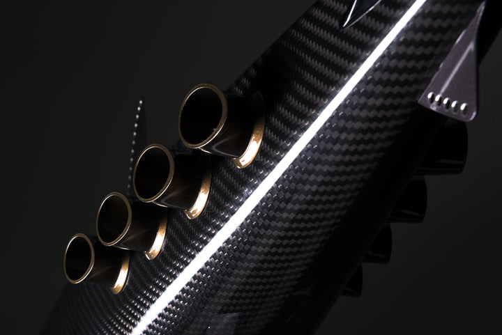 Alastair Gibson CarbonArt45 carbon fibre mako shark sculpture with aluminium fins and Formula One components, aerodynamic contemporary design