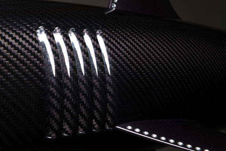 Alastair Gibson CarbonArt45 carbon fibre mako shark sculpture with aluminium fins and Formula One components, aerodynamic contemporary design