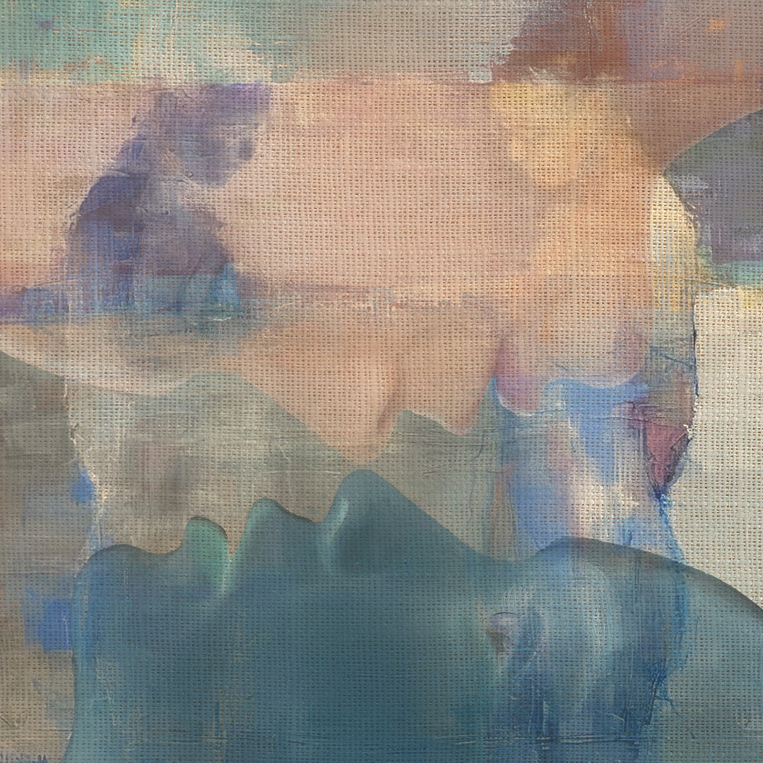 Softly layered digital composition blending figurative forms and ethereal textures. Two semi-transparent figures appear to float within a dreamlike haze of pastel pinks, blues, and greens. The canvas weave shows through, enhancing the tactile illusion and sense of memory, intimacy, and emotional distance.