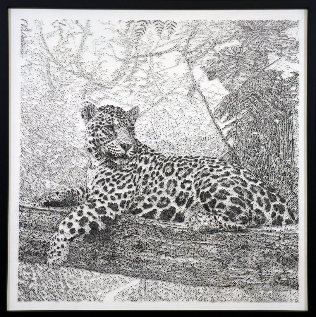 Highly detailed monochrome string and nail artwork of a resting jaguar on a tree branch, surrounded by a dense jungle backdrop, intricately rendered with thousands of nails and black thread.