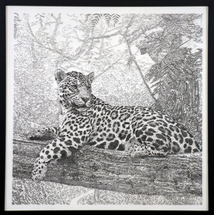 Highly detailed monochrome string and nail artwork of a resting jaguar on a tree branch, surrounded by a dense jungle backdrop, intricately rendered with thousands of nails and black thread.