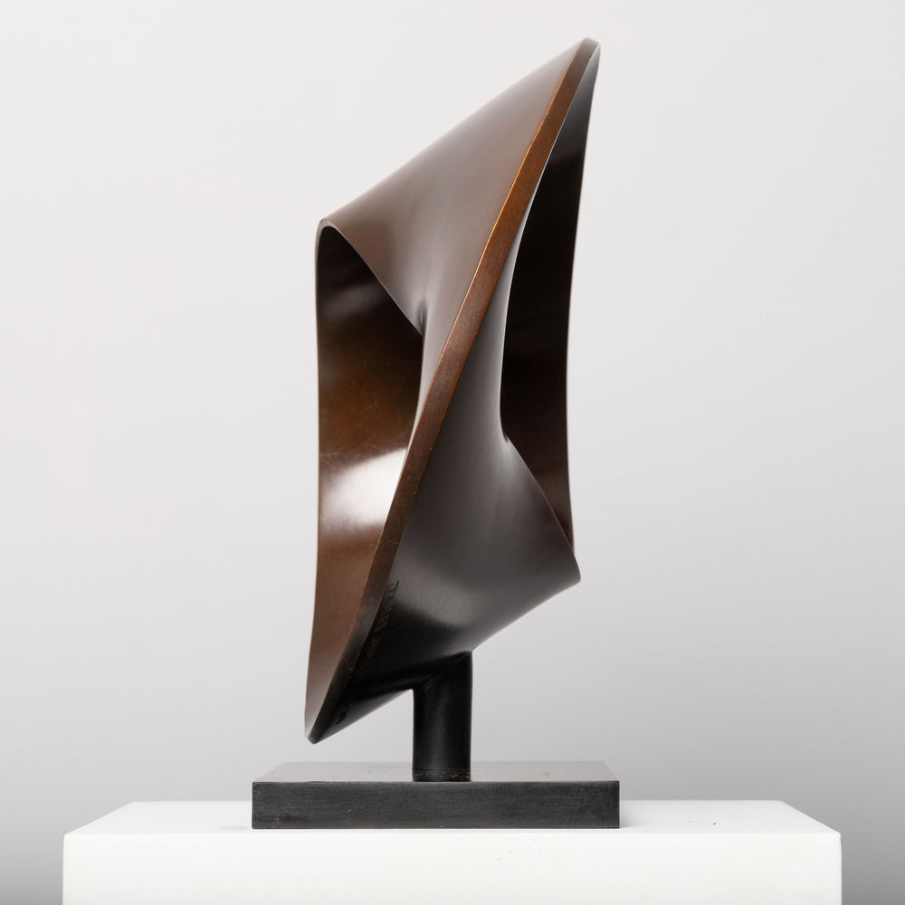 Patinated bronze Continuum sculpture by James Parker, formed as a flowing Möbius loop with a continuous twisting surface and crescent-like profile.