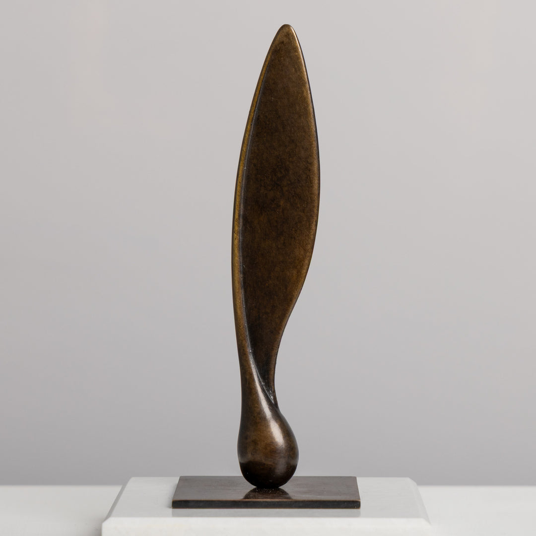 Patinated bronze Sycamore Seed sculpture by James Parker, with an elongated wing-like form, subtle torsion and a sense of suspended movement.